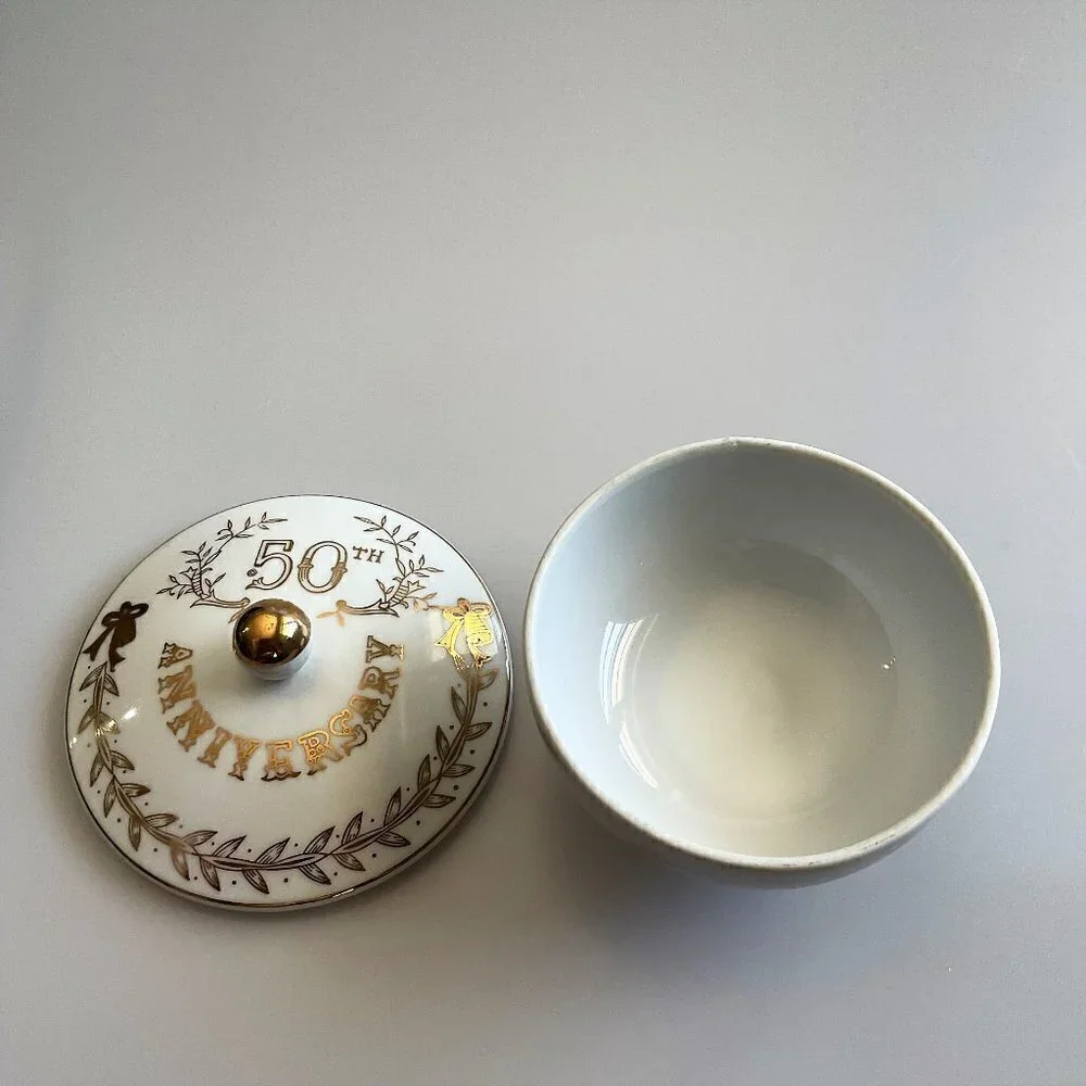 VINTAGE LEFTON CHINA 50TH ANNIVERSARY FOOTED CANDY TRINKET DISH GOLD LEAF